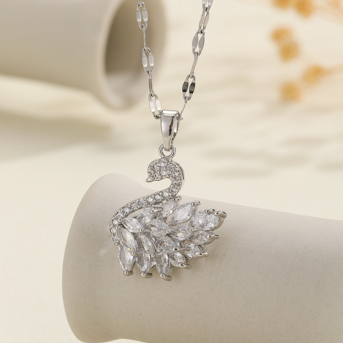 Tulip Bracelet & Swan Necklace Jewelry Set – Durable Stainless Steel Pendant Set in Silver White