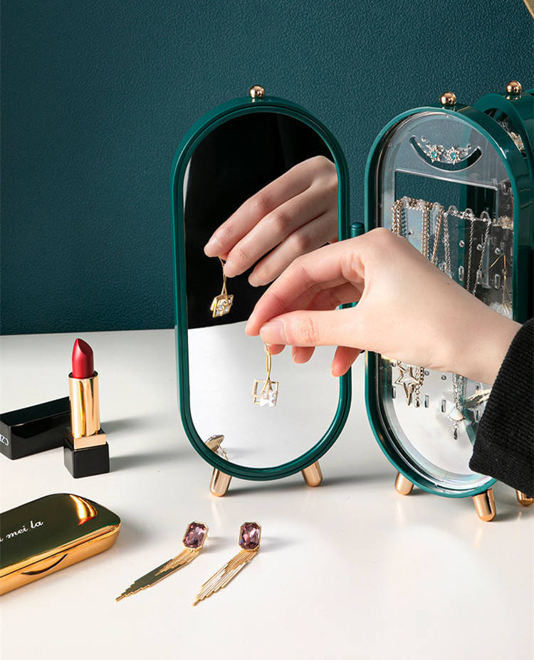 Jewelry Box Organizer with Mirror – Foldable Dustproof Earring, Necklace & Bracelet Screen Stand (Assorted Colors)