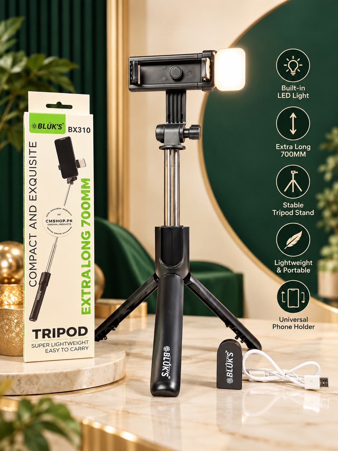 R1SL Bluetooth Selfie Stick Tripod – 4-in-1 Extendable Mobile Phone Holder with Remote Control & LED Light for Selfies, Live Streaming & Vlogging