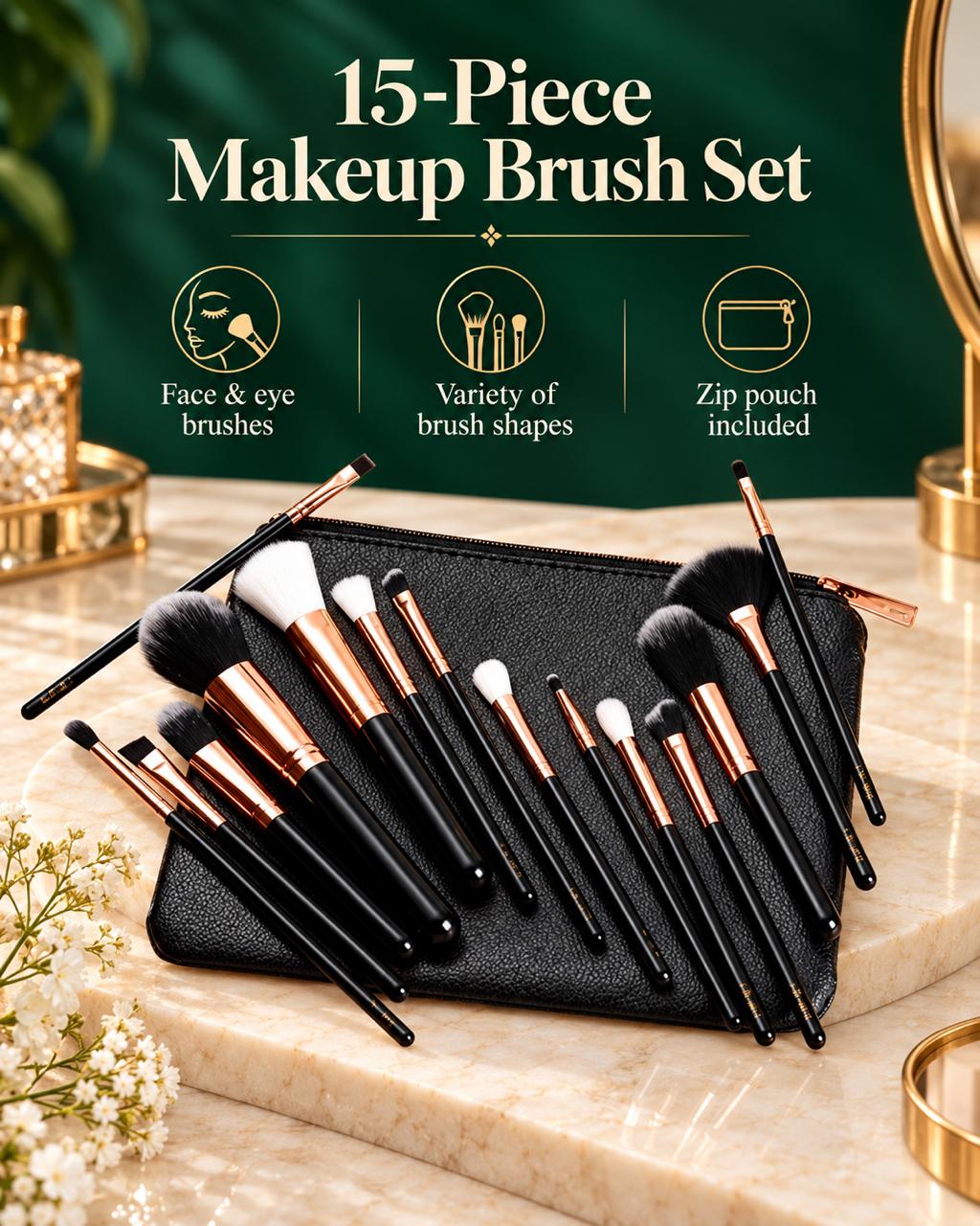 Zoeva 15-Piece Makeup Brush Set with Pouch – Professional Cosmetic Brushes for Face, Eyes & Lips