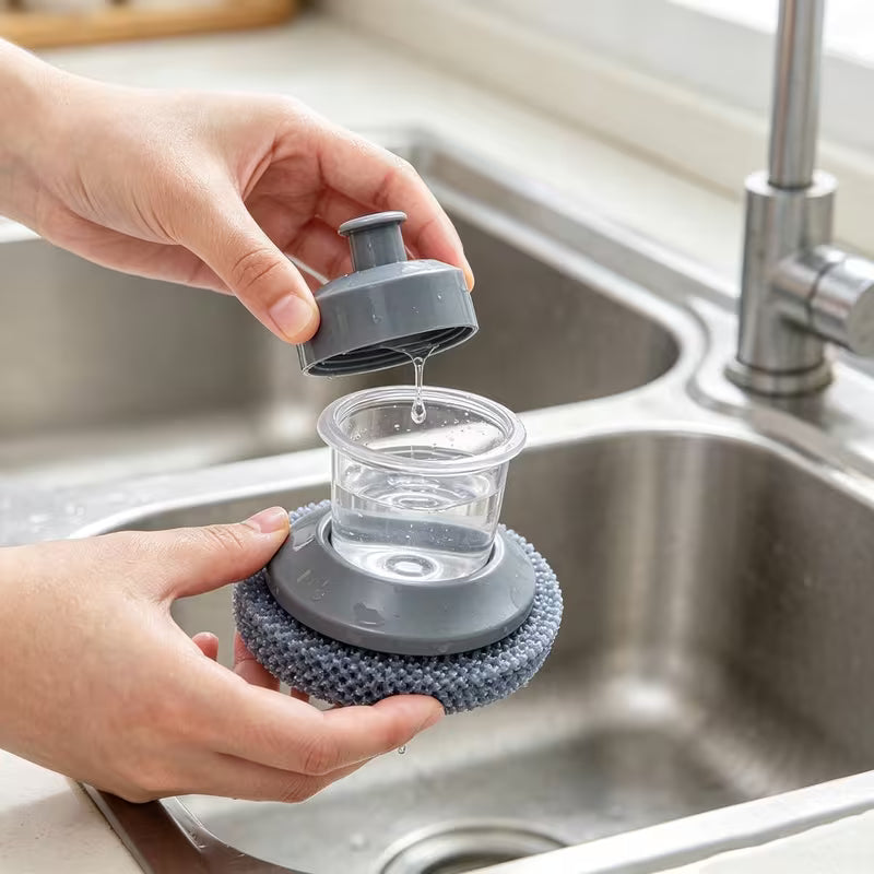 Soap Dispensing Dish Scrubber Brush – Kitchen Cleaning Brush with Steel Wire Ball & Soap Dispenser
