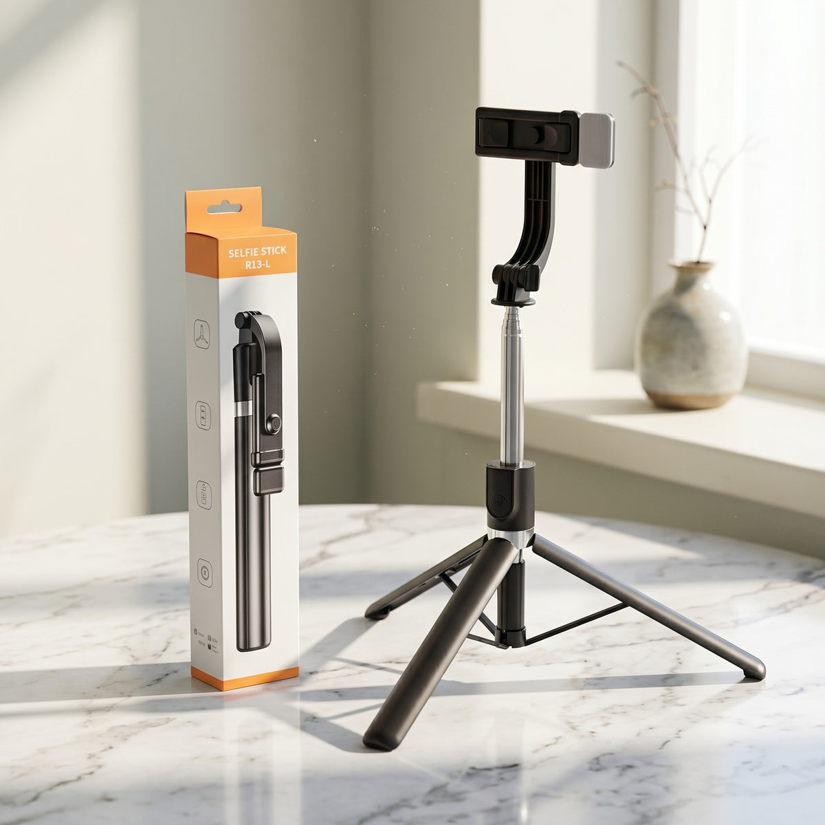 R1SL Bluetooth Selfie Stick Tripod – 4-in-1 Extendable Mobile Phone Holder with Remote Control & LED Light for Selfies, Live Streaming & Vlogging