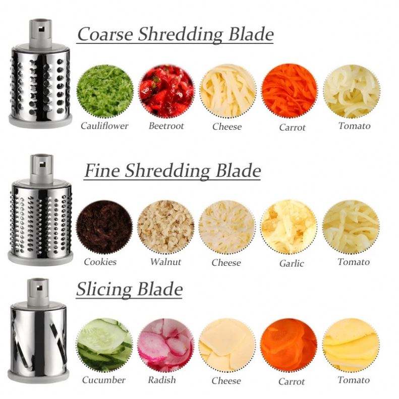 Multifunctional Hand Crank Rotary Drum Vegetable Cutter, 3-in-1 Kitchen Grater & Slicer with Interchangeable Stainless Steel Blades for Fruits, Vegetables, Cheese & Nuts
