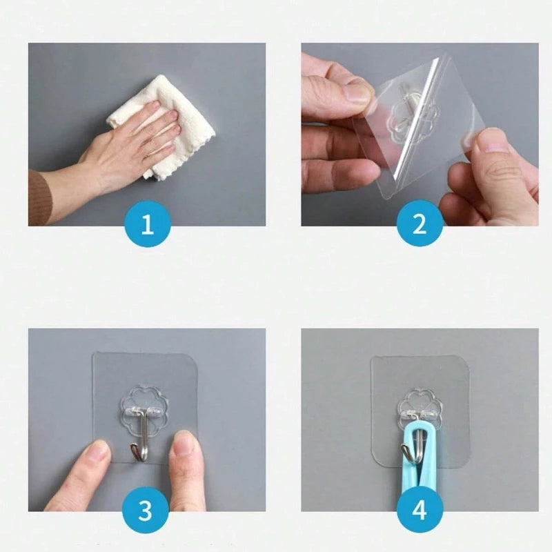 Transparent Self-Adhesive Wall Hooks (Pack of 10) – Heavy-Duty No-Drill Utility Hooks for Home & Kitchen