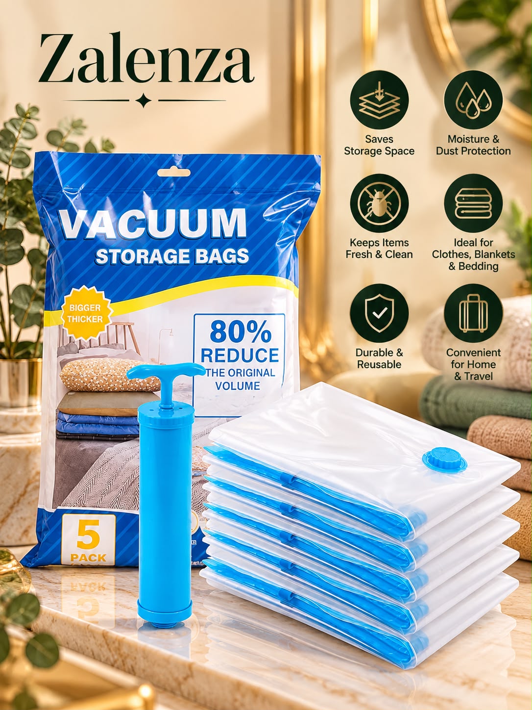Vacuum Storage Bags with Hand Pump – Space-Saving Travel & Household Compression Bags Set