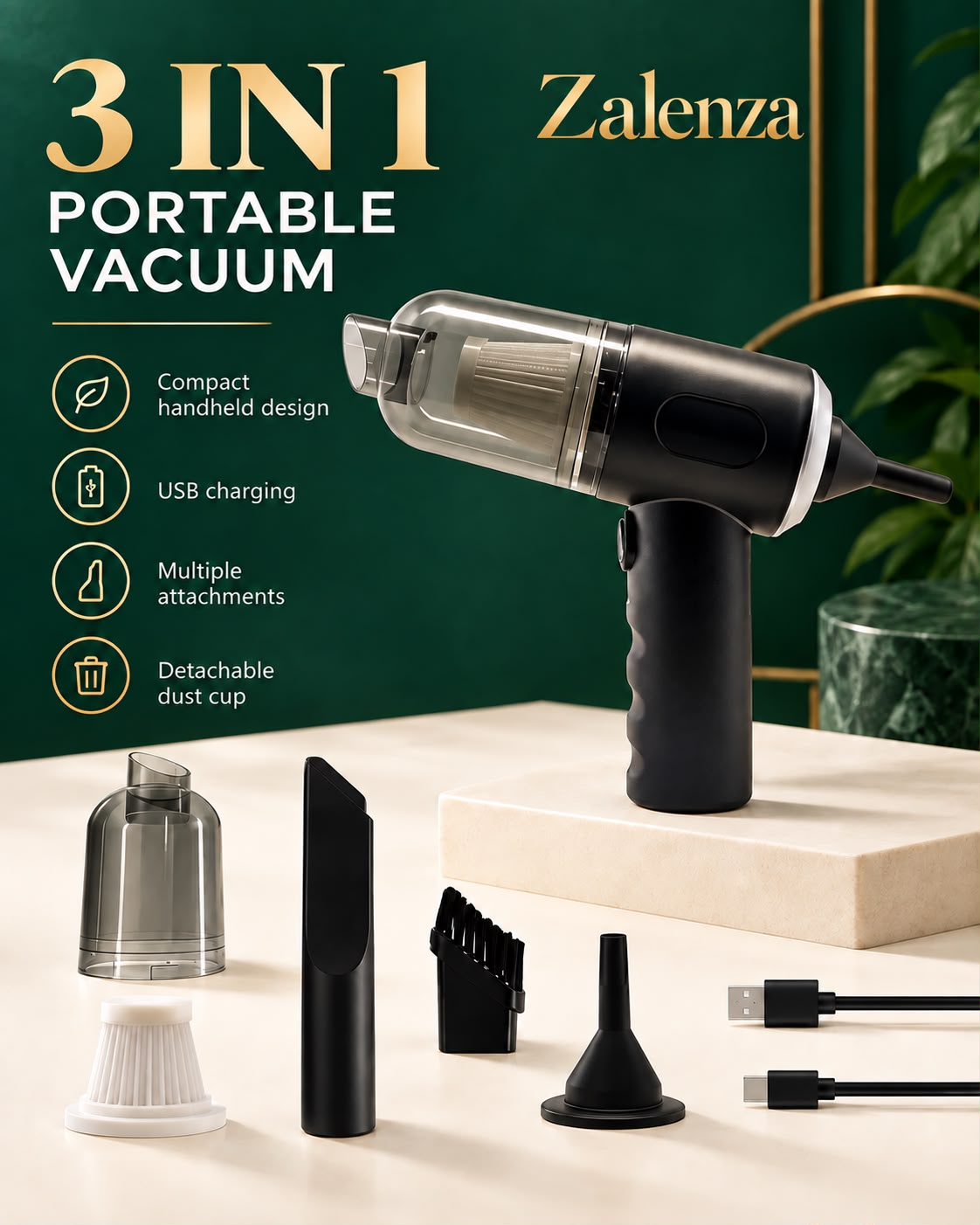 3-in-1 Portable Cordless Vacuum Cleaner | Compact Handheld Dust Cleaner
