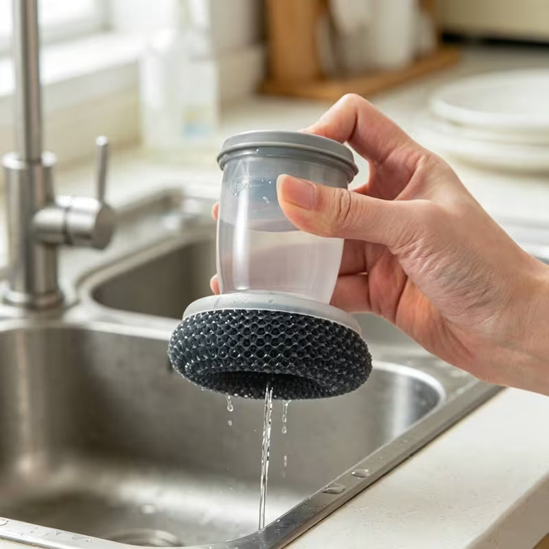 Soap Dispensing Dish Scrubber Brush – Kitchen Cleaning Brush with Steel Wire Ball & Soap Dispenser